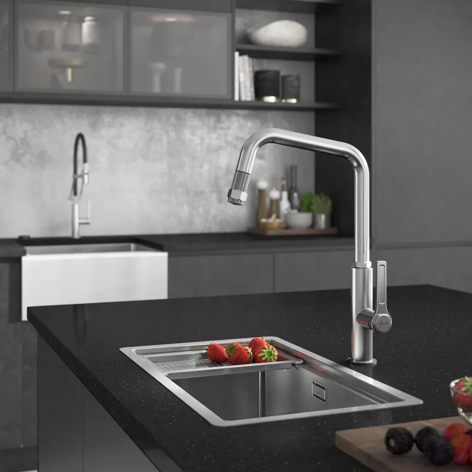 Abode Hex Industrial Single Lever Mono Pull Out Kitchen Mixer Tap - Brushed Nickel