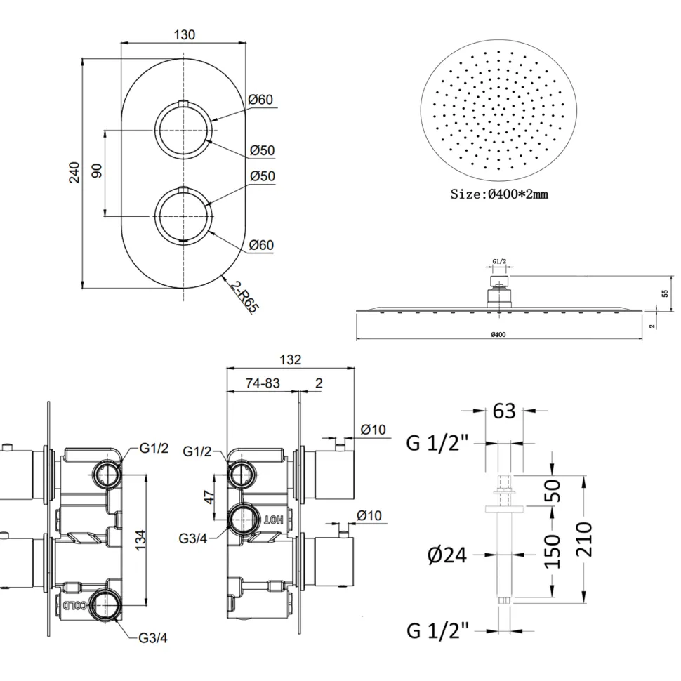 Adele Concealed Shower Valve, Fixed Head & Shower Handset