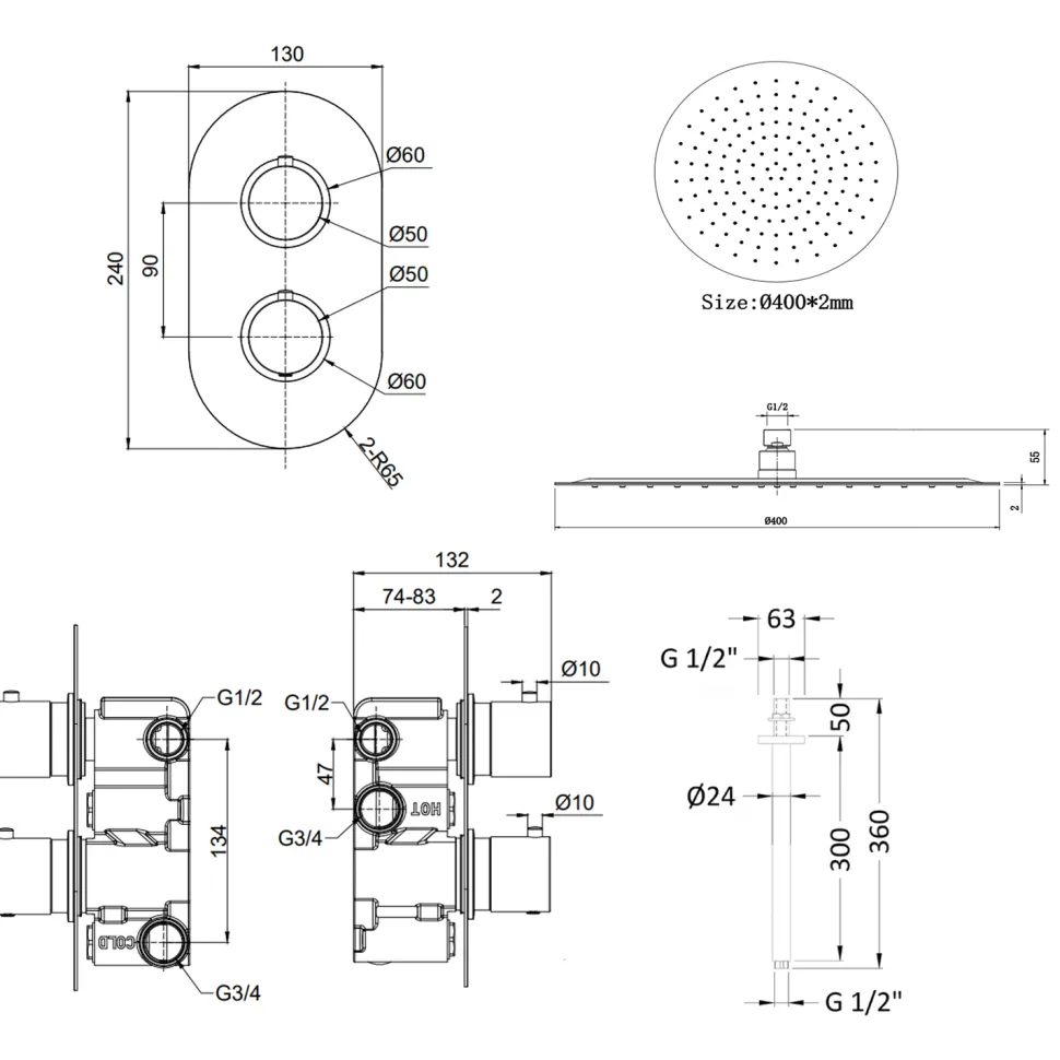 Adele Concealed Shower Valve, Fixed Head & Shower Handset