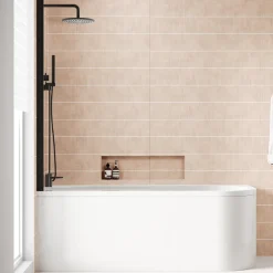 Armourcast Reinforced J Shaped Shower Bath with Panel & Matt Black Shower Screen - 1700mm