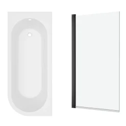 Armourcast Reinforced J Shaped Shower Bath with Panel & Matt Black Shower Screen - 1700mm