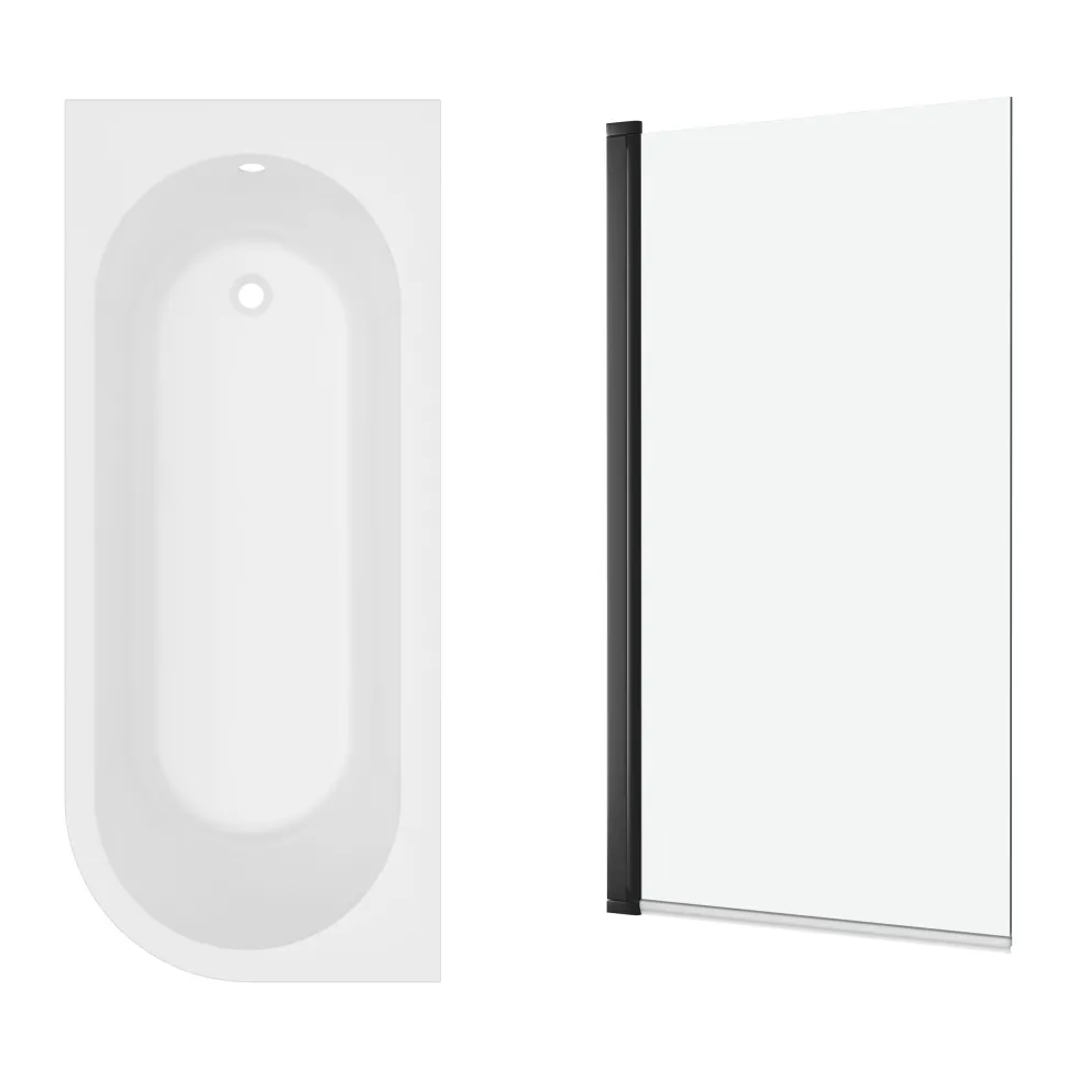 Armourcast Reinforced J Shaped Shower Bath with Panel & Matt Black Shower Screen - 1700mm