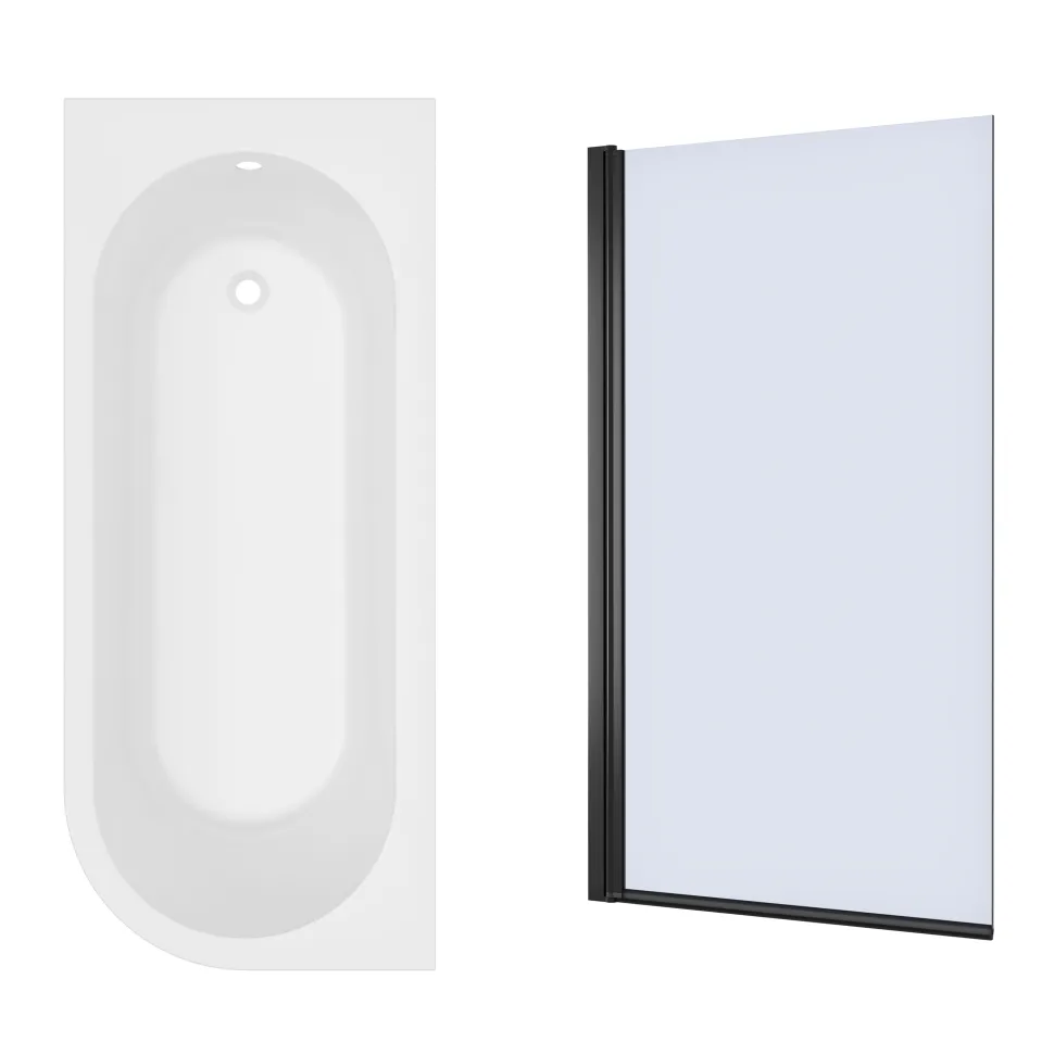 Armourcast Reinforced J Shaped Shower Bath with Panel & Matt Black Shower Screen - 1700mm