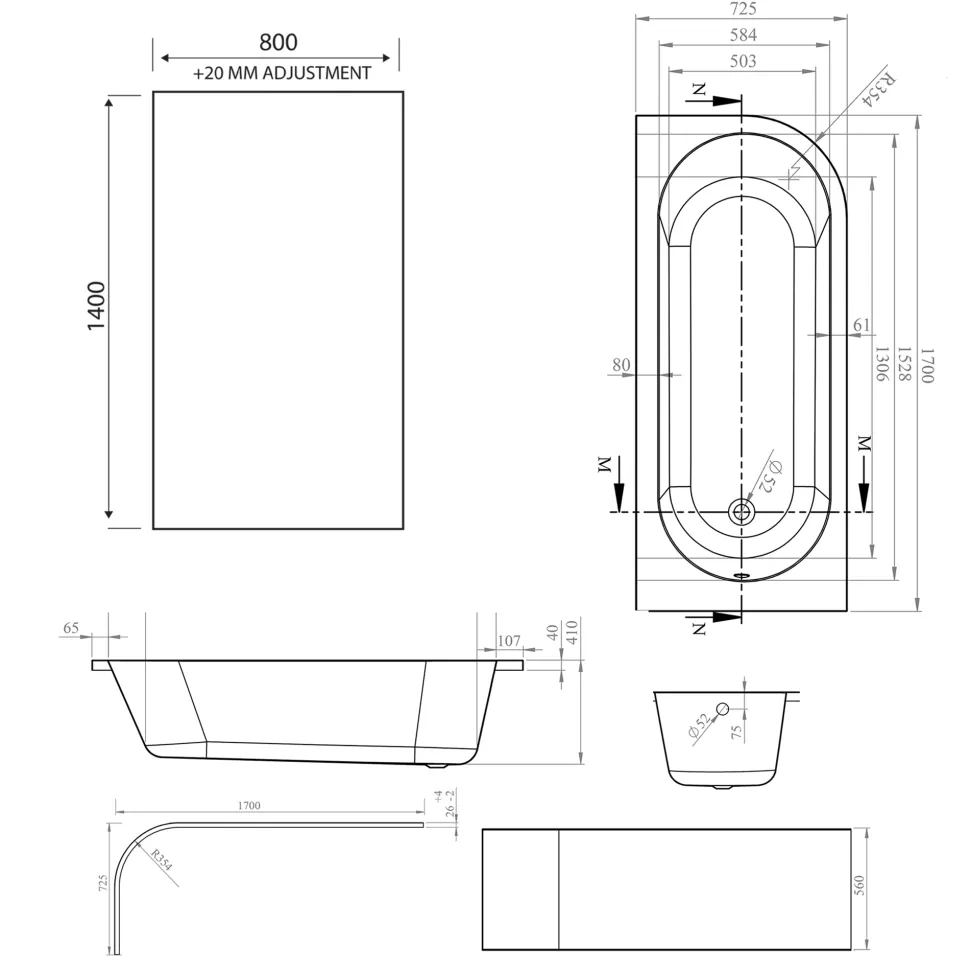 Armourcast Reinforced J Shaped Shower Bath with Panel & Matt Black Shower Screen - 1700mm