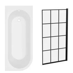 Armourcast Reinforced J Shaped Shower Bath with Panel & Matt Black Shower Screen - 1700mm