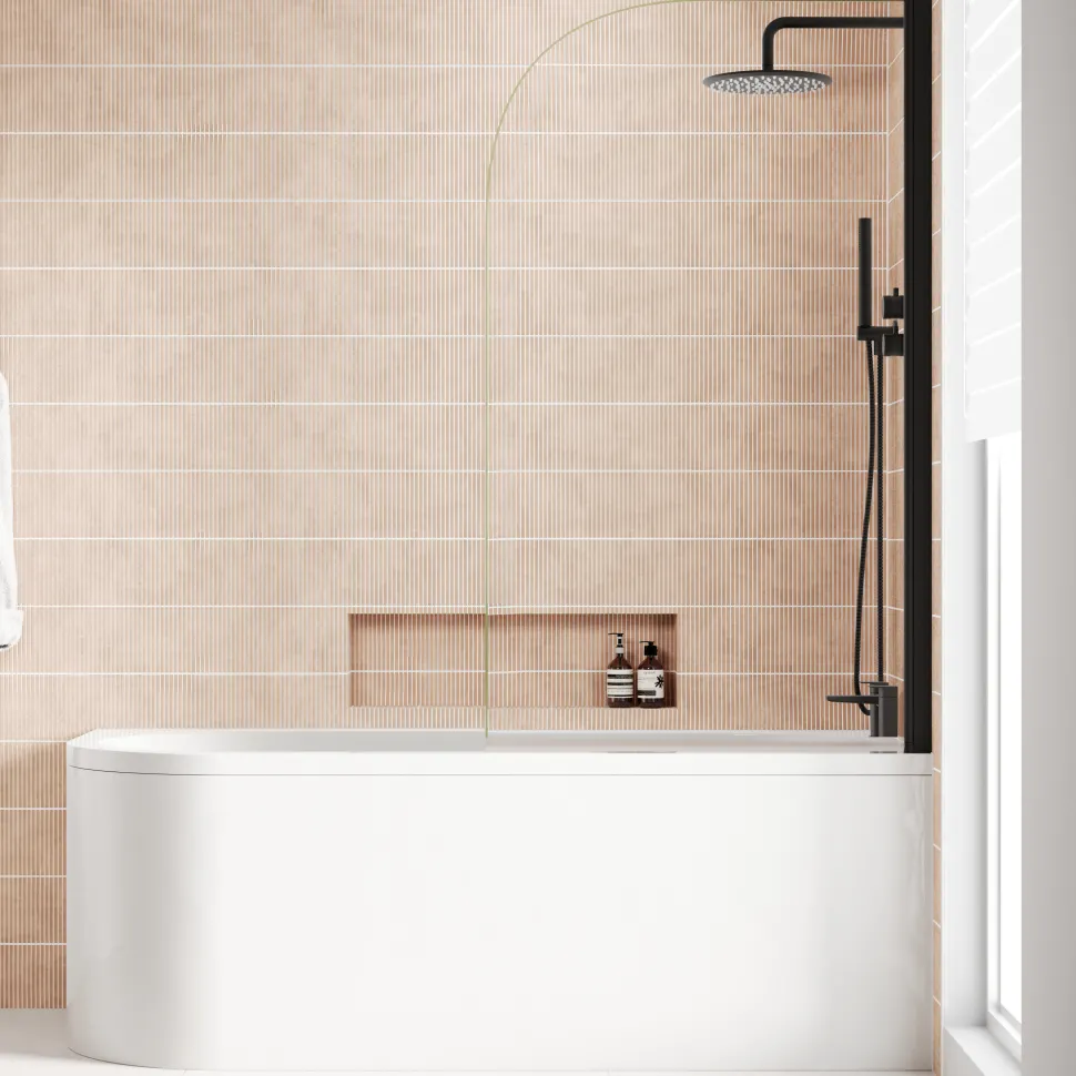 Armourcast Reinforced J Shaped Shower Bath with Panel & Matt Black Shower Screen - 1700mm