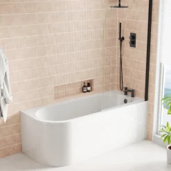 Armourcast Reinforced J Shaped Shower Bath with Panel & Shower Screen - 1700mm