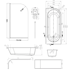 Armourcast Reinforced J Shaped Shower Bath with Panel & Shower Screen - 1700mm