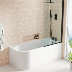 Armourcast Reinforced J Shaped Shower Bath with Panel & Shower Screen - 1700mm