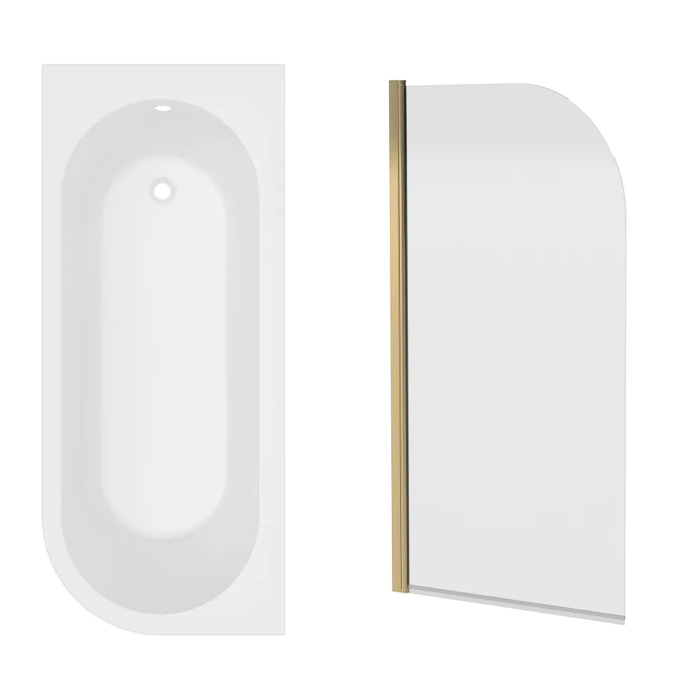 Armourcast Reinforced J Shaped Shower Bath with Panel & Brushed Brass Shower Screen - 1700mm
