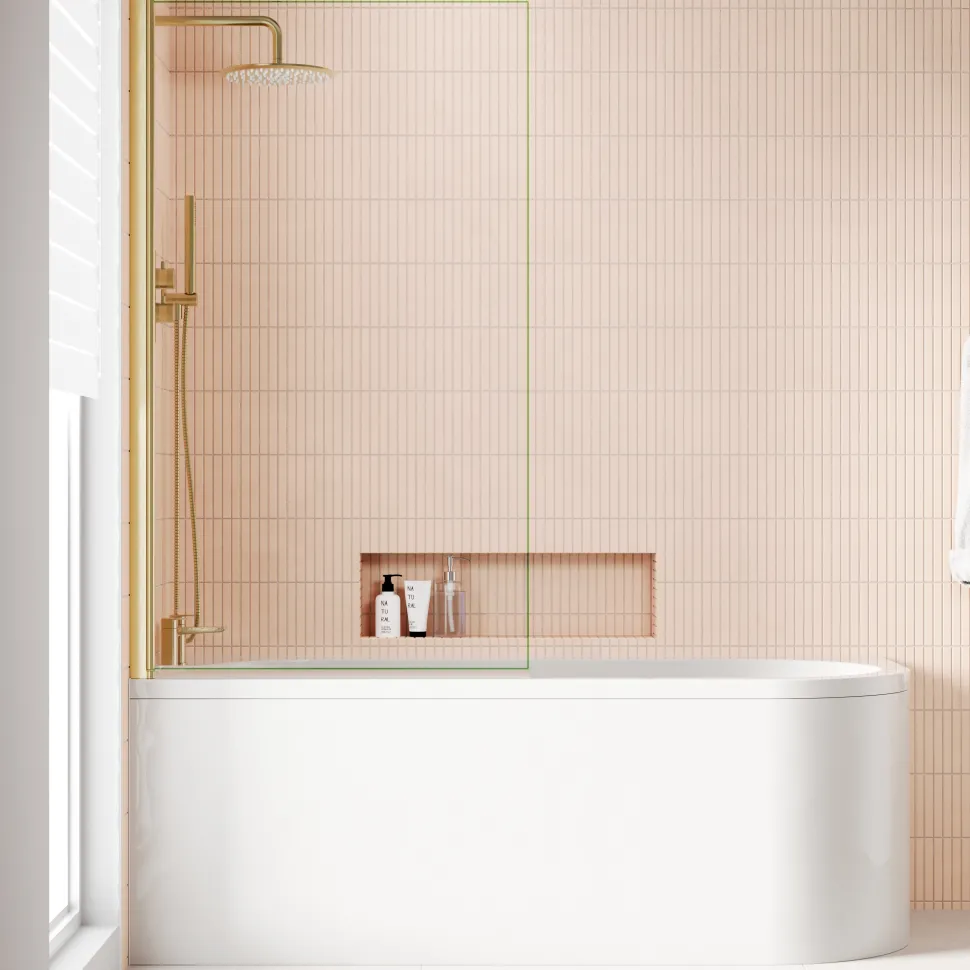 Armourcast Reinforced J Shaped Shower Bath with Panel & Brushed Brass Shower Screen - 1700mm