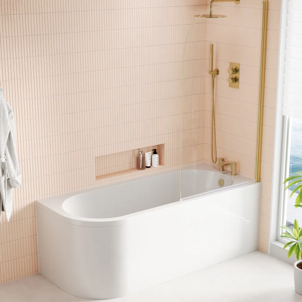 Armourcast Reinforced J Shaped Shower Bath with Panel & Brushed Brass Shower Screen - 1700mm