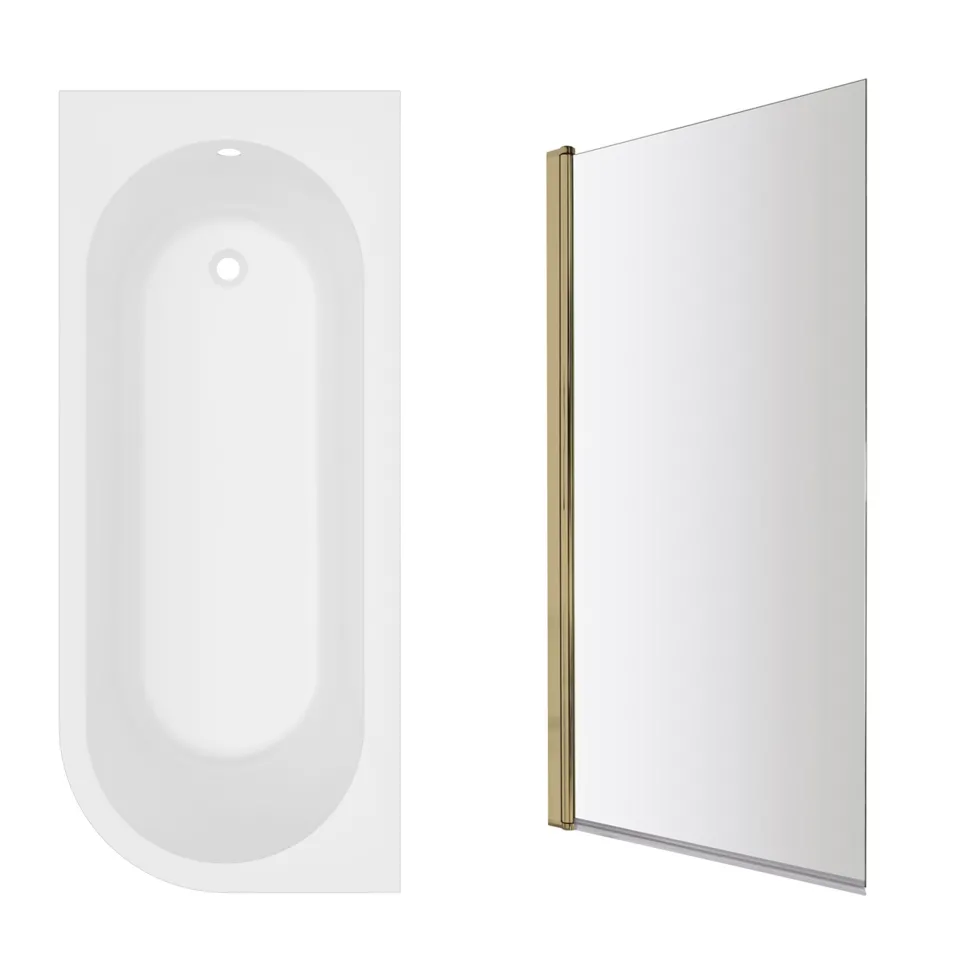 Armourcast Reinforced J Shaped Shower Bath with Panel & Brushed Brass Shower Screen - 1700mm
