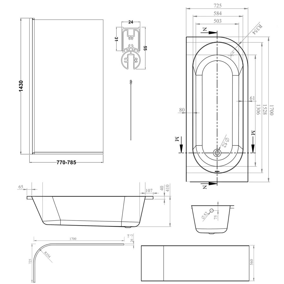 Armourcast Reinforced J Shaped Shower Bath with Panel & Brushed Brass Shower Screen - 1700mm