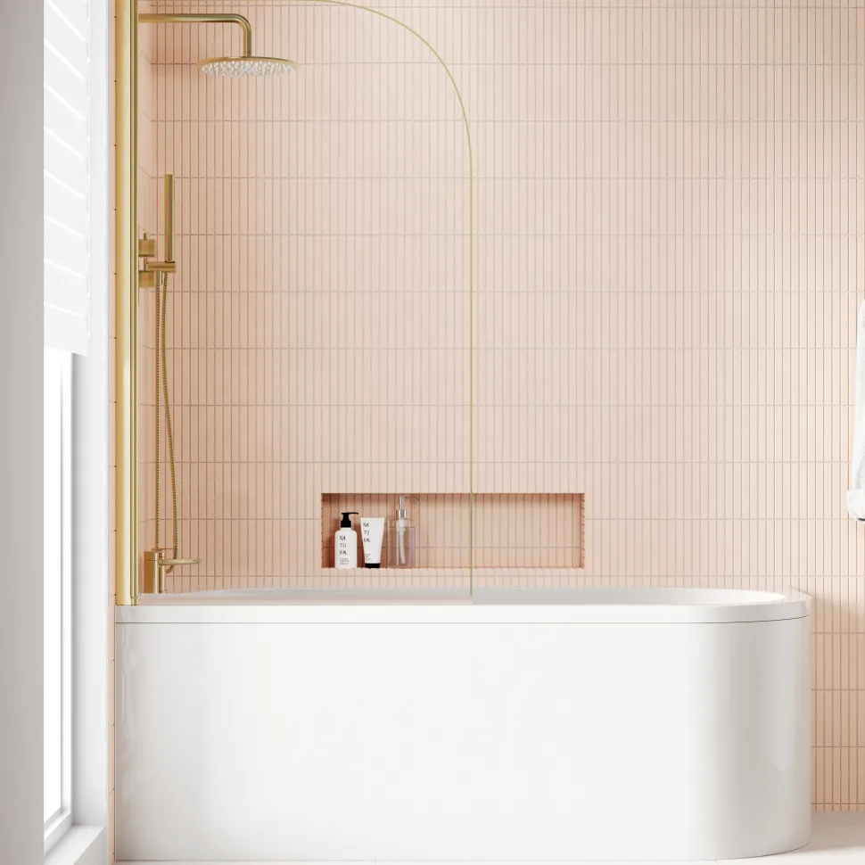 Armourcast Reinforced J Shaped Shower Bath with Panel & Brushed Brass Shower Screen - 1700mm