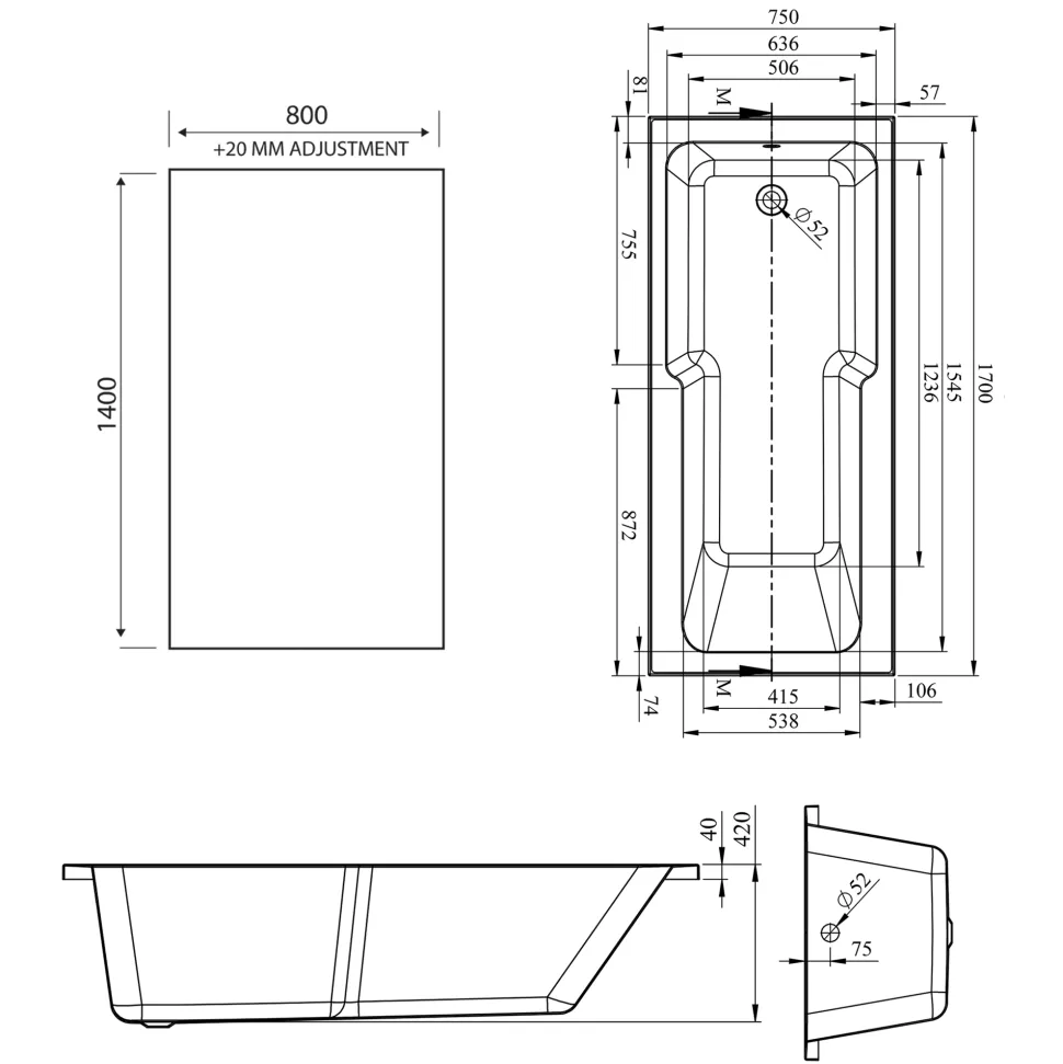 Armourcast Reinforced Keyhole Shower Bath & Matt Black Shower Screen - 1700mm