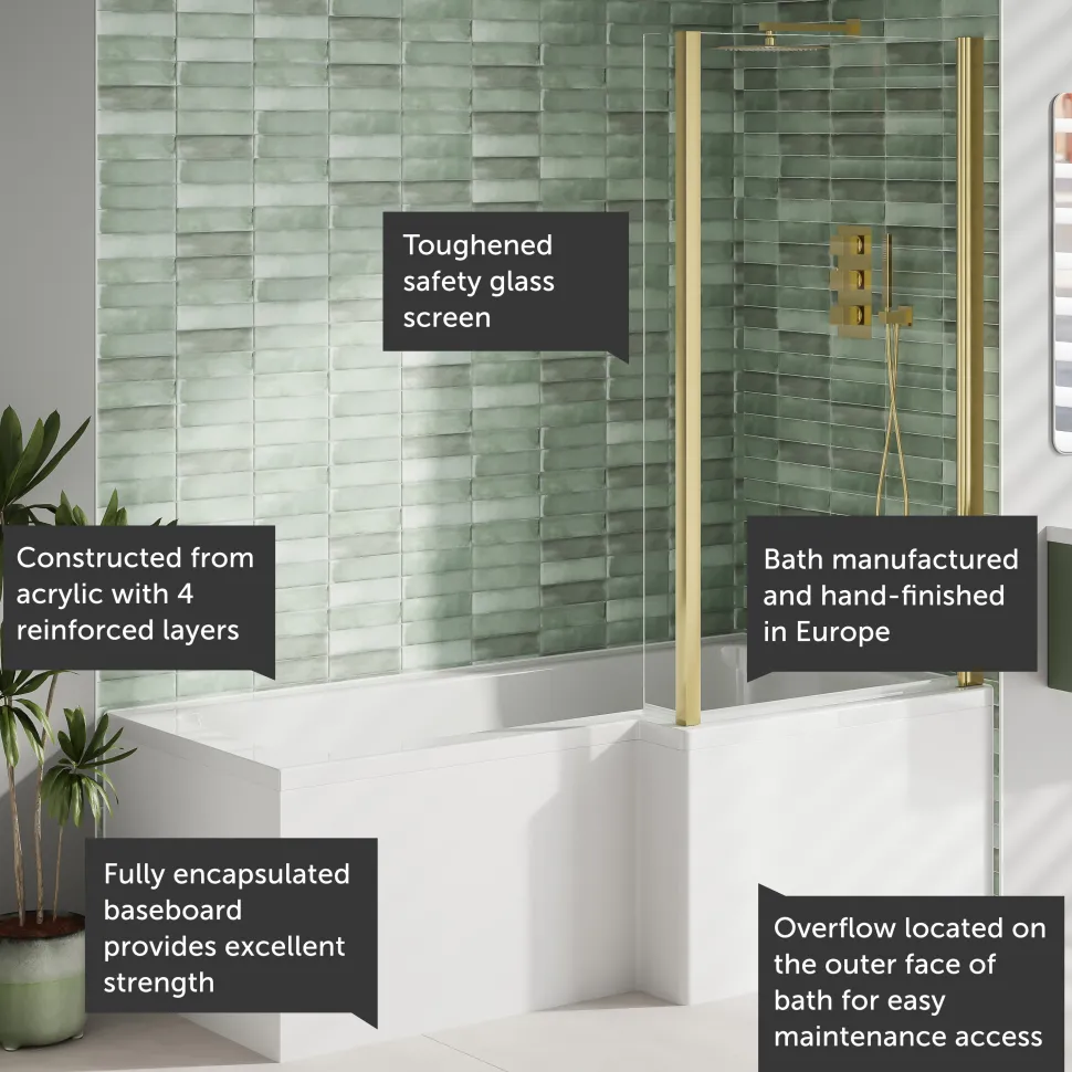 Armourcast Reinforced L Shape Single Ended Bath with Panel & Shower Screen - 1700 x 700