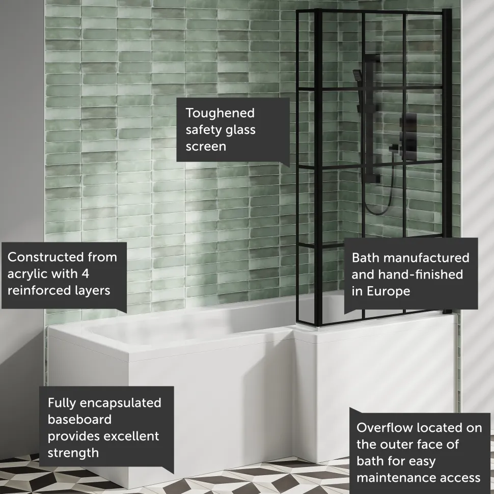 Armourcast Reinforced L Shape Single Ended Bath with Panel & Shower Screen - 1700 x 700