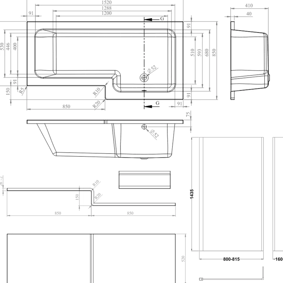 Armourcast Reinforced L Shape Single Ended Bath with Panel & Shower Screen - 1700 x 700