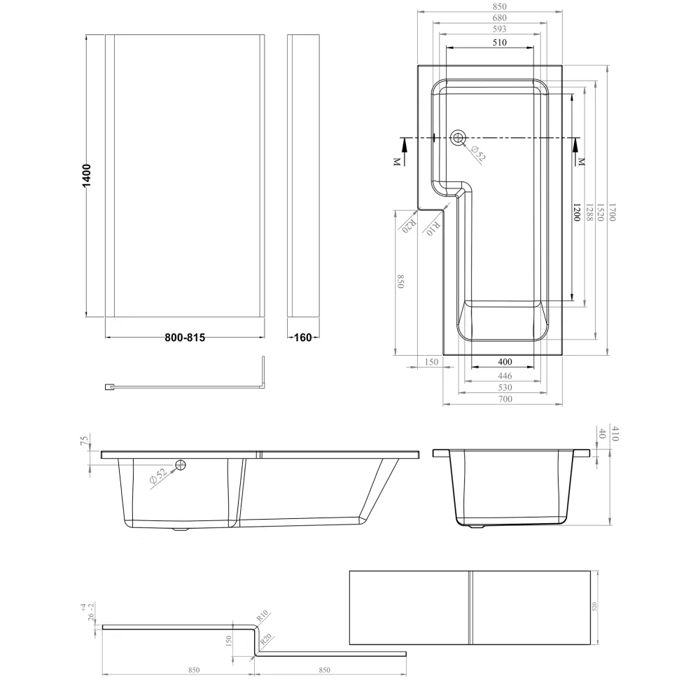 Armourcast Reinforced L Shape Single Ended Bath with Panel & Shower Screen - 1700 x 700