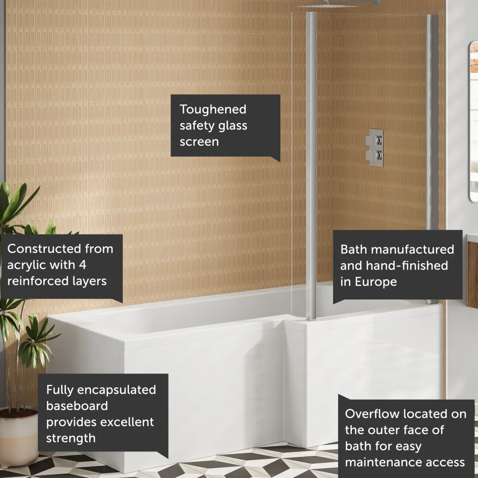 Armourcast Reinforced L Shape Single Ended Bath with Panel & Shower Screen - 1700 x 700