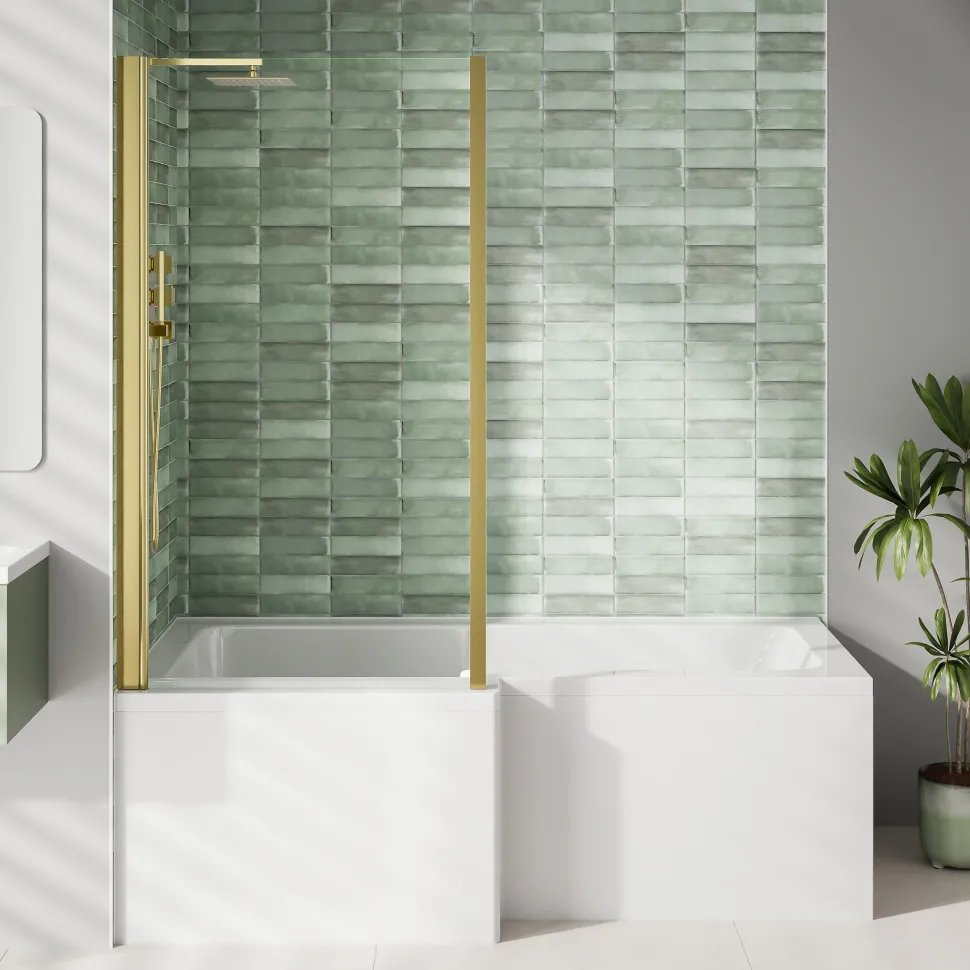Armourcast Reinforced L Shaped Single Ended Bath with Brushed Brass Shower Screen & Panel - 1700 x 700