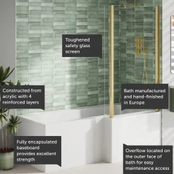 Armourcast Reinforced L Shaped Single Ended Bath with Brushed Brass Shower Screen & Panel - 1700 x 700