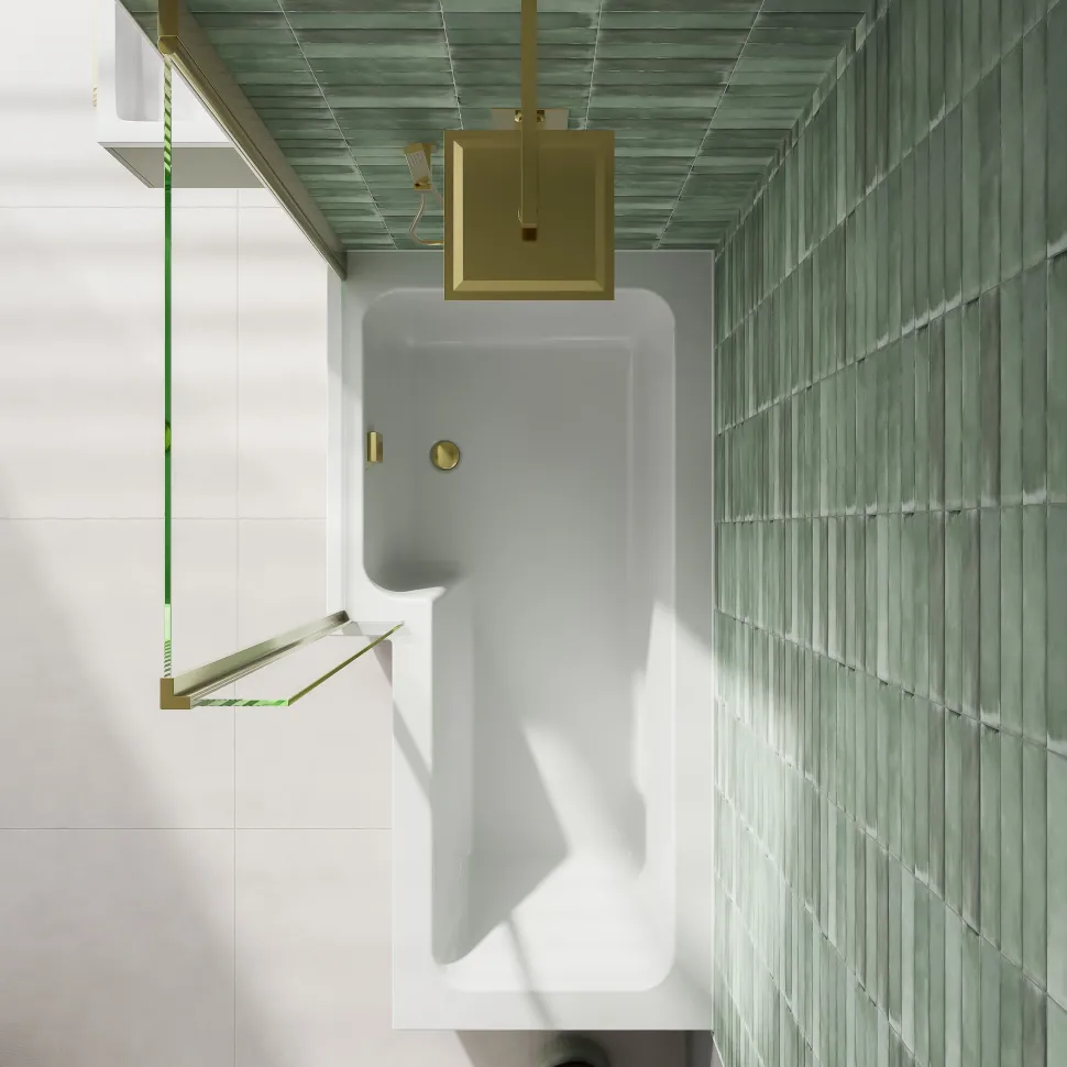 Armourcast Reinforced L Shaped Single Ended Bath with Brushed Brass Shower Screen & Panel - 1700 x 700