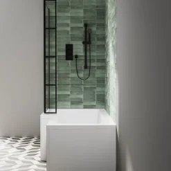 Armourcast Reinforced L Shaped Single Ended Bath with Matt Black Shower Screen & Panel - 1700 x 700
