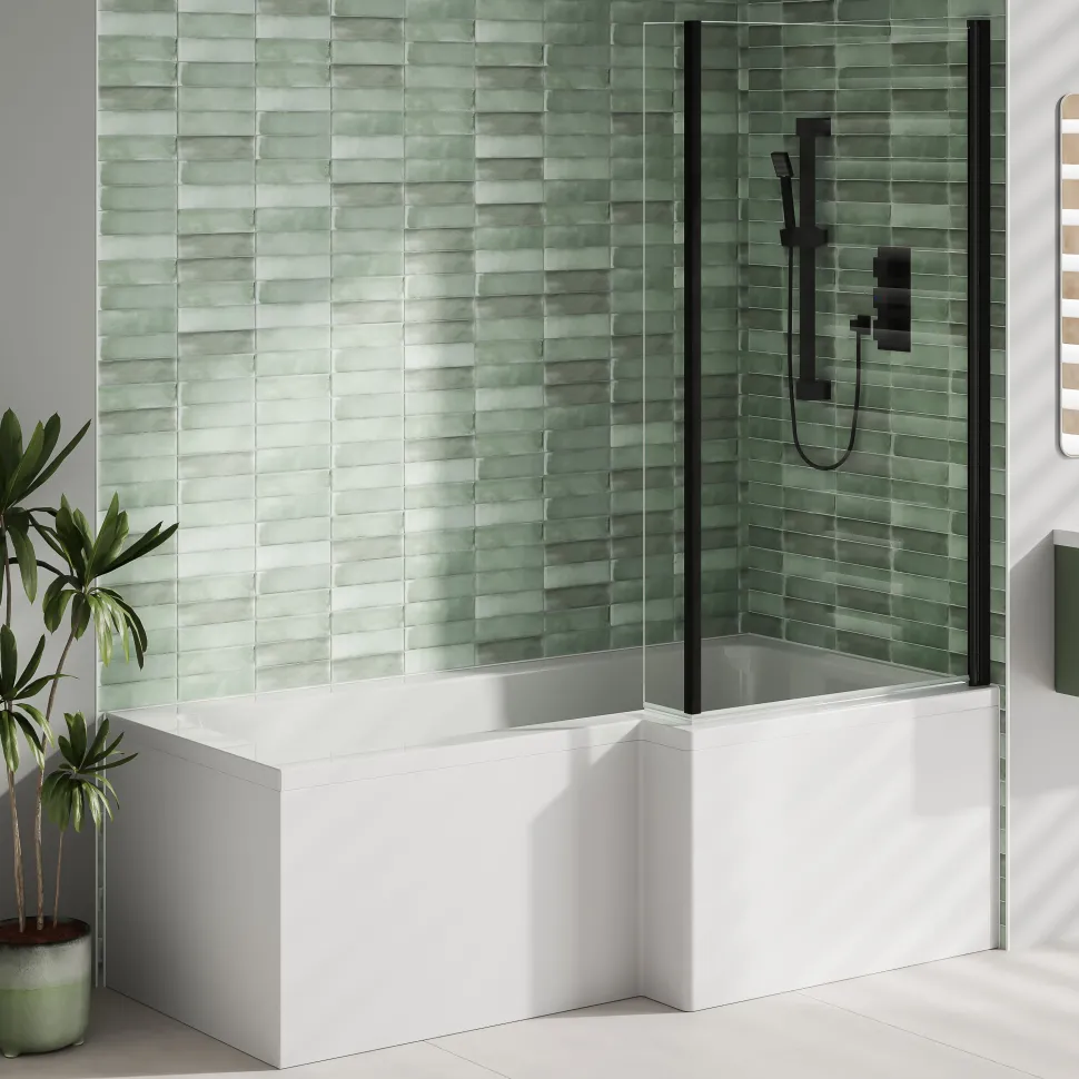 Armourcast Reinforced L Shaped Single Ended Bath with Matt Black Shower Screen & Panel - 1700 x 700