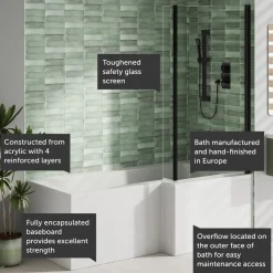 Armourcast Reinforced L Shaped Single Ended Bath with Matt Black Shower Screen & Panel - 1700 x 700