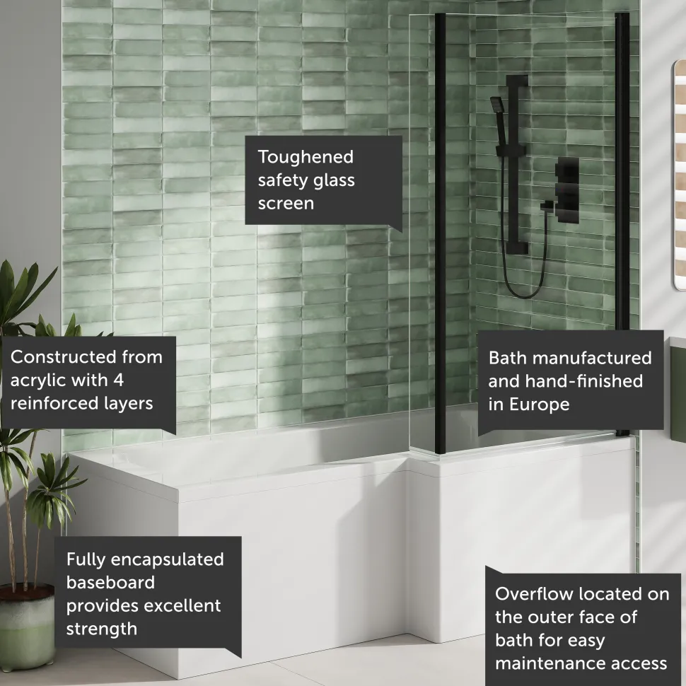Armourcast Reinforced L Shaped Single Ended Bath with Matt Black Shower Screen & Panel - 1700 x 700