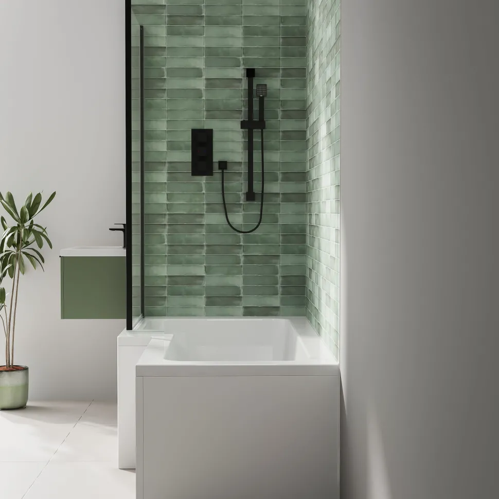 Armourcast Reinforced L Shaped Single Ended Bath with Matt Black Shower Screen & Panel - 1700 x 700