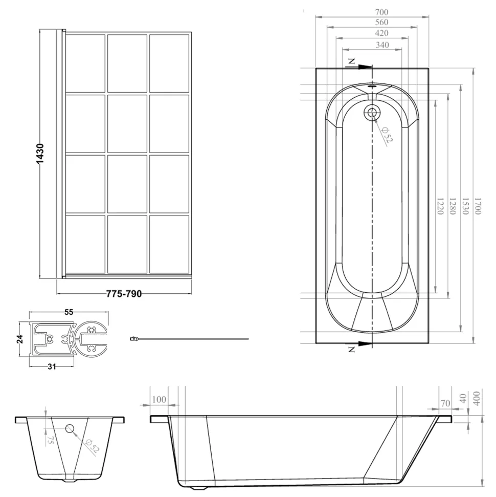 Armourcast Reinforced Single Ended Shower Bath & Shower Screen