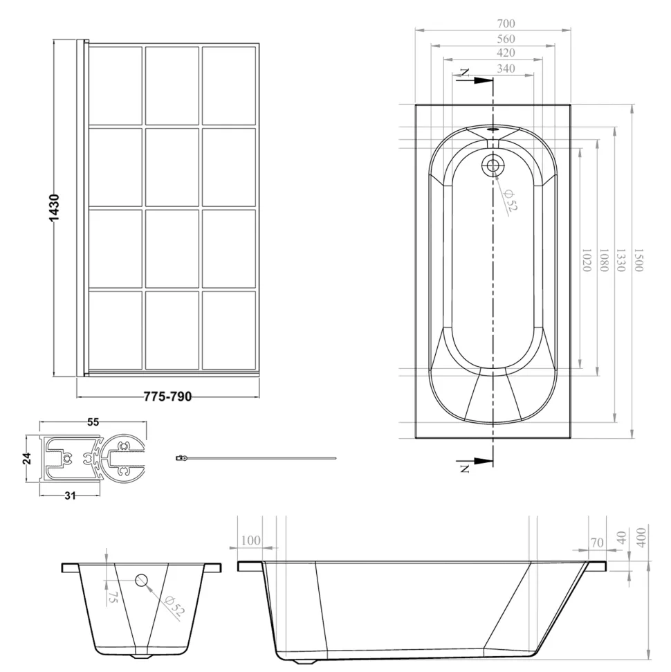 Armourcast Reinforced Single Ended Shower Bath & Matt Black Shower Screen