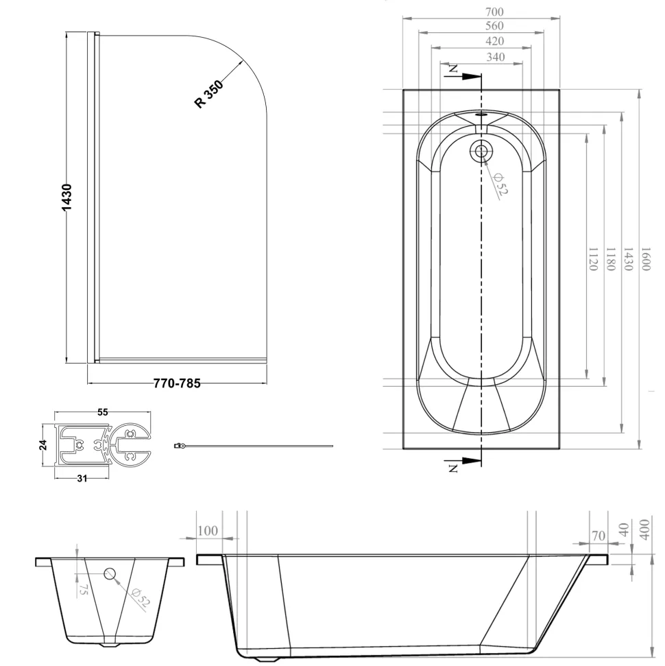 Armourcast Reinforced Single Ended Shower Bath & Brushed Brass Shower Screen