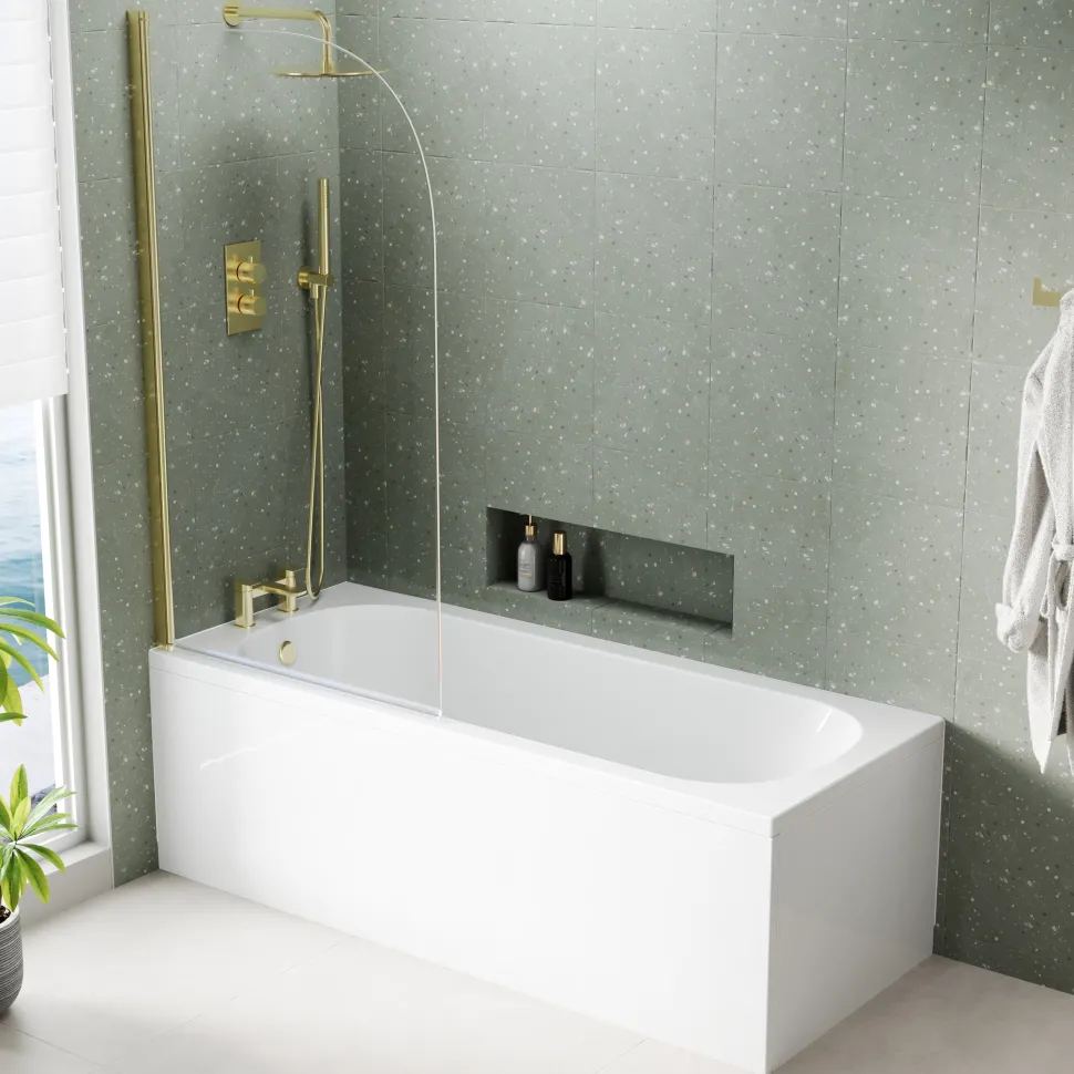 Armourcast Reinforced Single Ended Shower Bath & Brushed Brass Shower Screen
