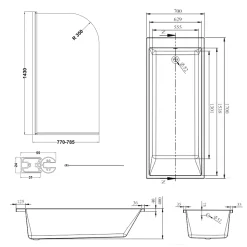 Armourcast Reinforced Slim Edge Square Single Ended Bath & Brushed Brass Shower Screen - 1700mm