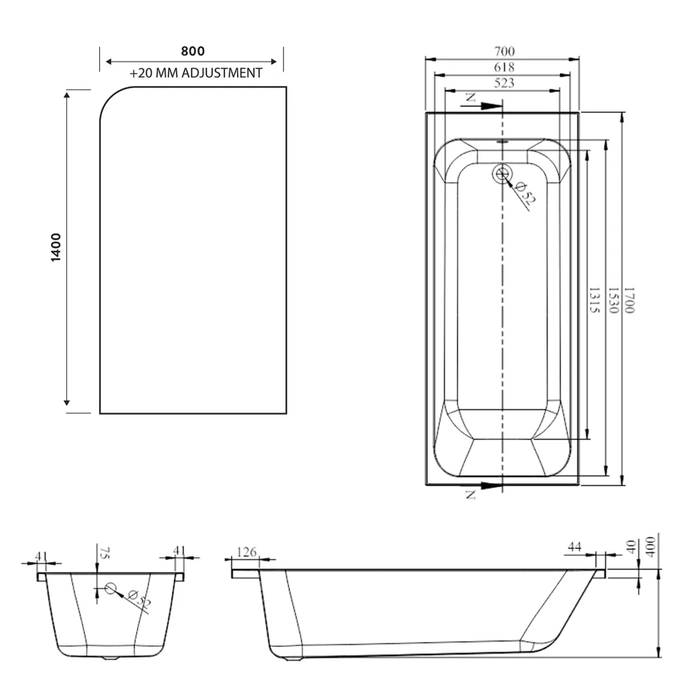 Armourcast Reinforced Slim Edge Single Ended Bath with Shower Screen - 1700mm