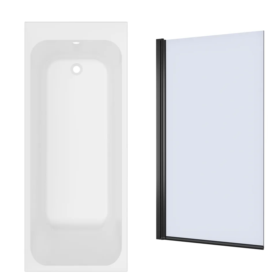 Armourcast Reinforced Slim Edge Single Ended Bath & Matt Black Shower Screen - 1700mm