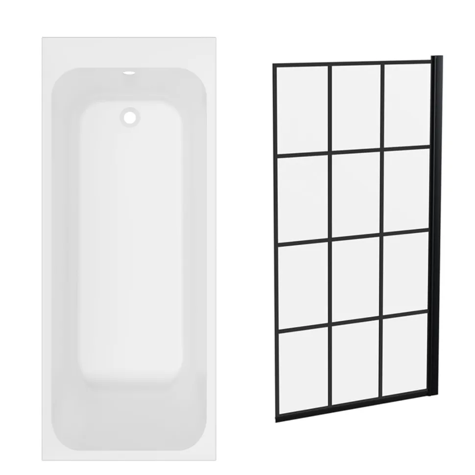 Armourcast Reinforced Slim Edge Single Ended Bath & Matt Black Shower Screen - 1700mm