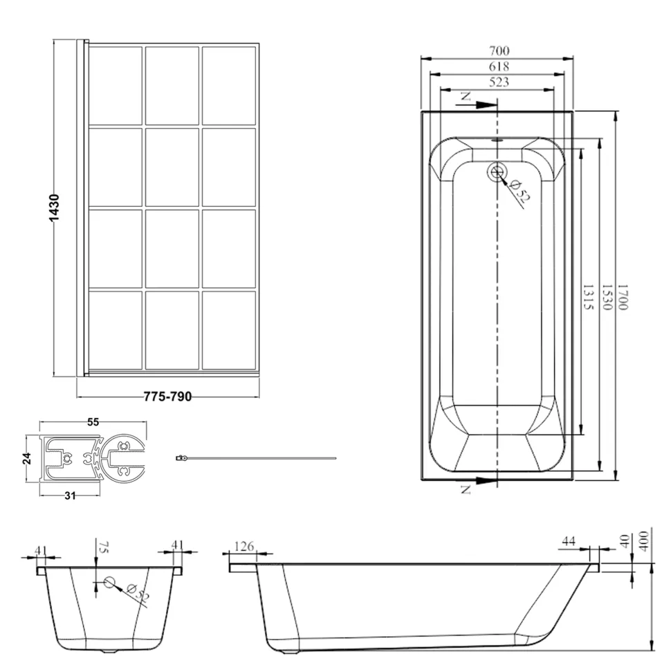 Armourcast Reinforced Slim Edge Single Ended Bath & Matt Black Shower Screen - 1700mm