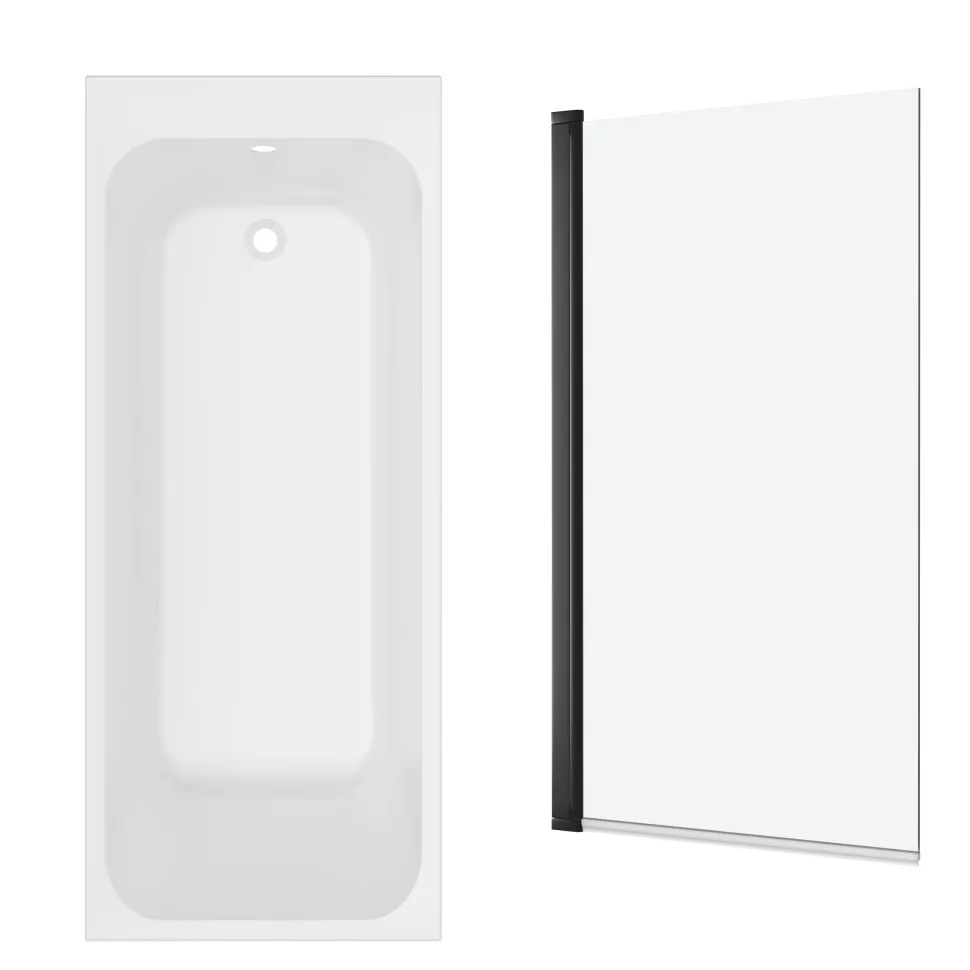 Armourcast Reinforced Slim Edge Single Ended Bath & Matt Black Shower Screen - 1700mm