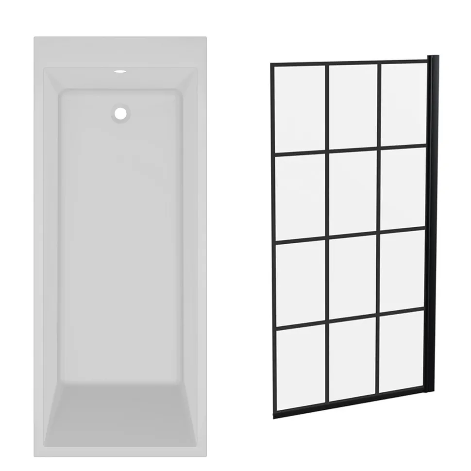 Armourcast Reinforced Slim Edge Square Single Ended Bath & Matt Black Shower Screen - 1700mm