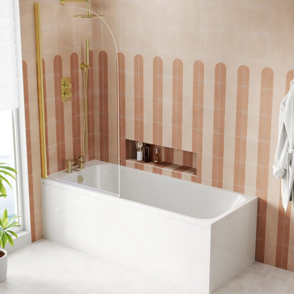 Armourcast Reinforced Slim Edge Single Ended Bath & Brushed Brass Shower Screen - 1700mm