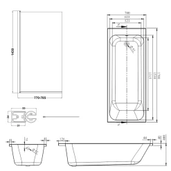 Armourcast Reinforced Slim Edge Single Ended Bath & Brushed Brass Shower Screen - 1700mm