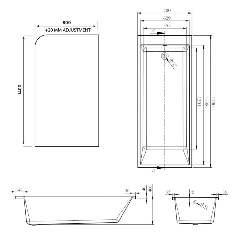 Armourcast Reinforced Slim Edge Square Single Ended Bath with Shower Screen - 1700mm