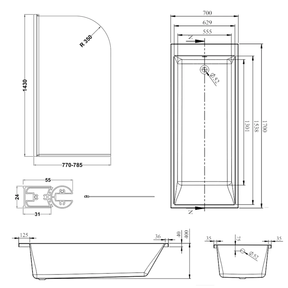 Armourcast Reinforced Slim Edge Square Single Ended Bath with Shower Screen - 1700mm