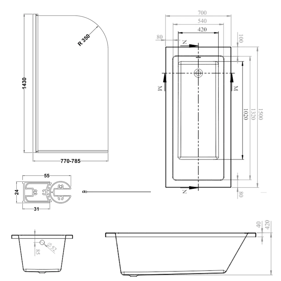 Armourcast Reinforced Straight Square Single Ended Bath & Matt Black Shower Screen