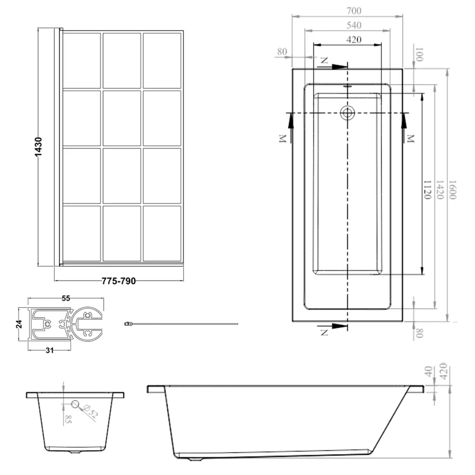 Armourcast Reinforced Straight Square Single Ended Bath & Matt Black Shower Screen